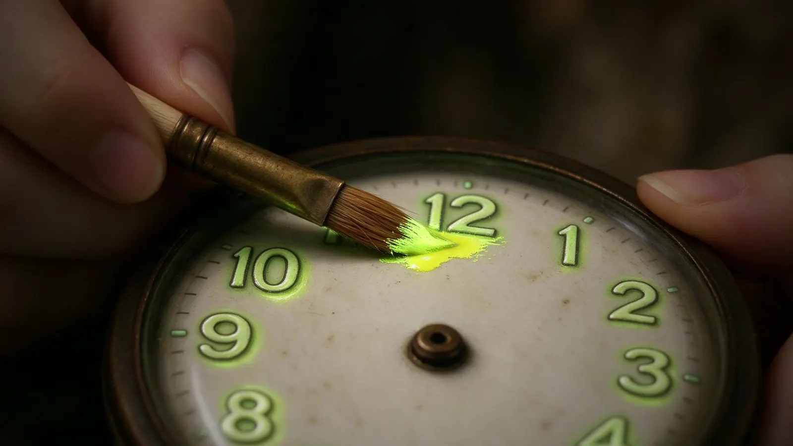 Close-up of a brush painting luminous numerals on a watch dial