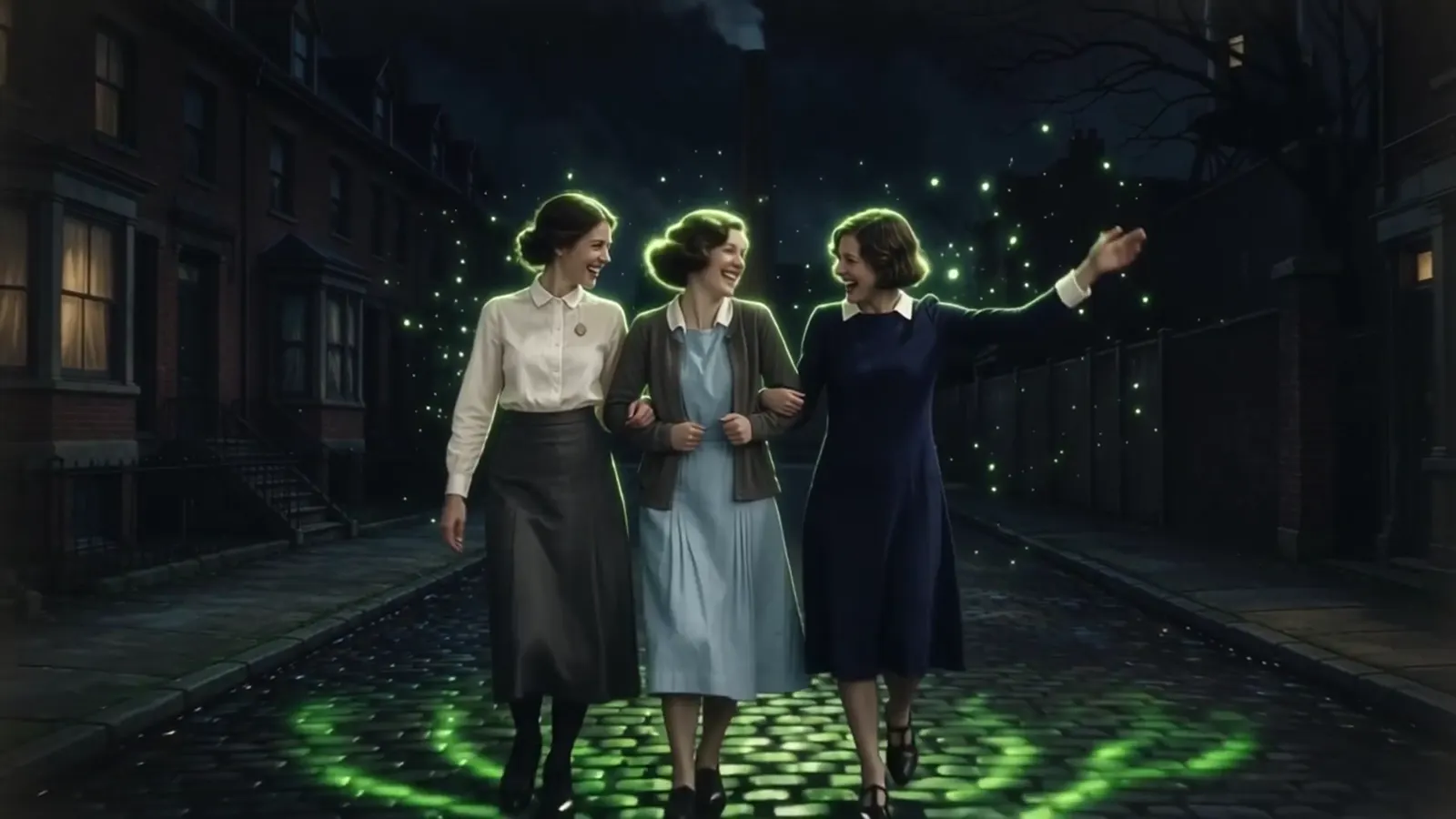 Three women walk down a dark cobbled street, their clothes faintly glowing
