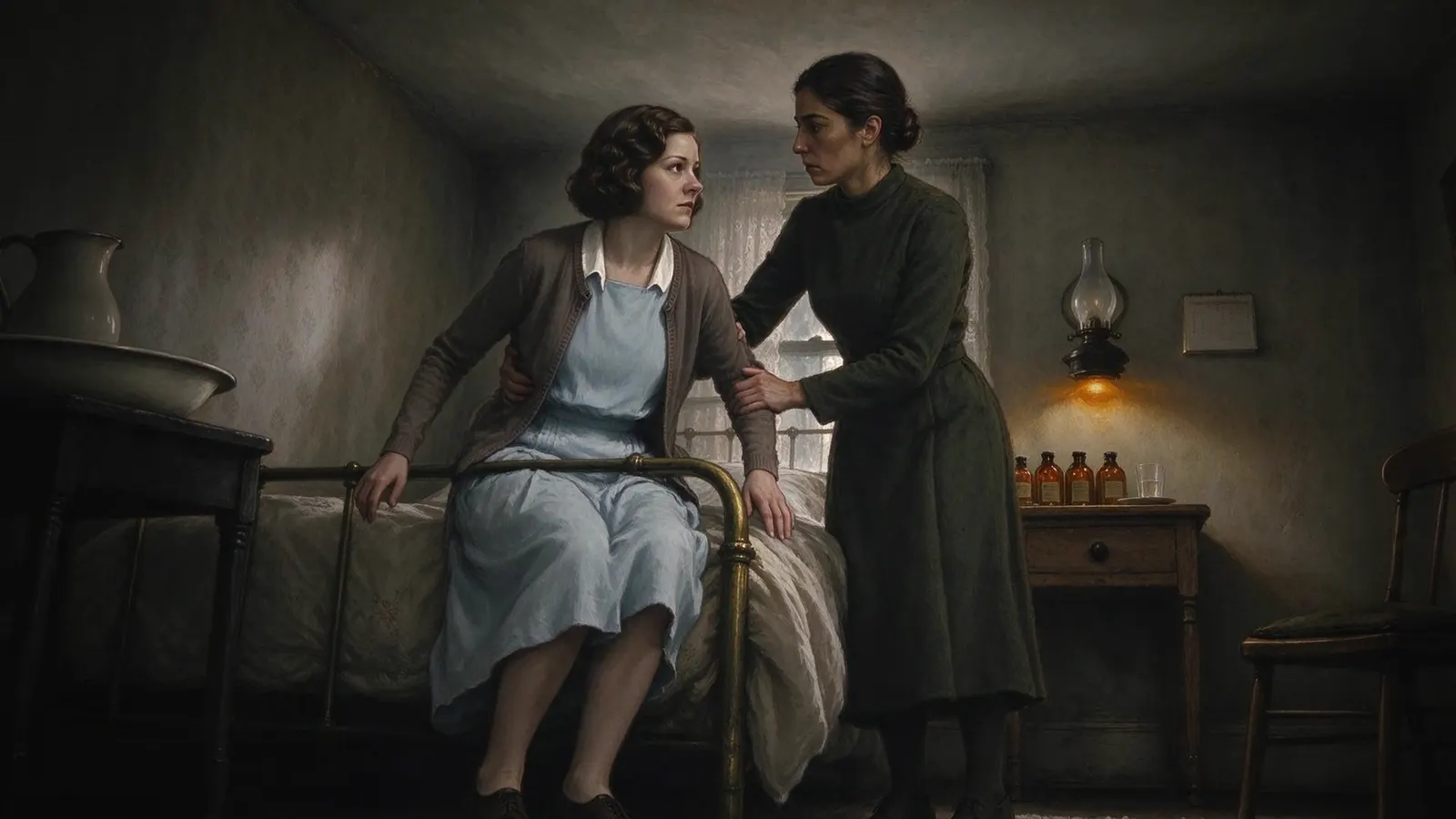 A woman helps a weakened friend sit up on a bed in a dim room
