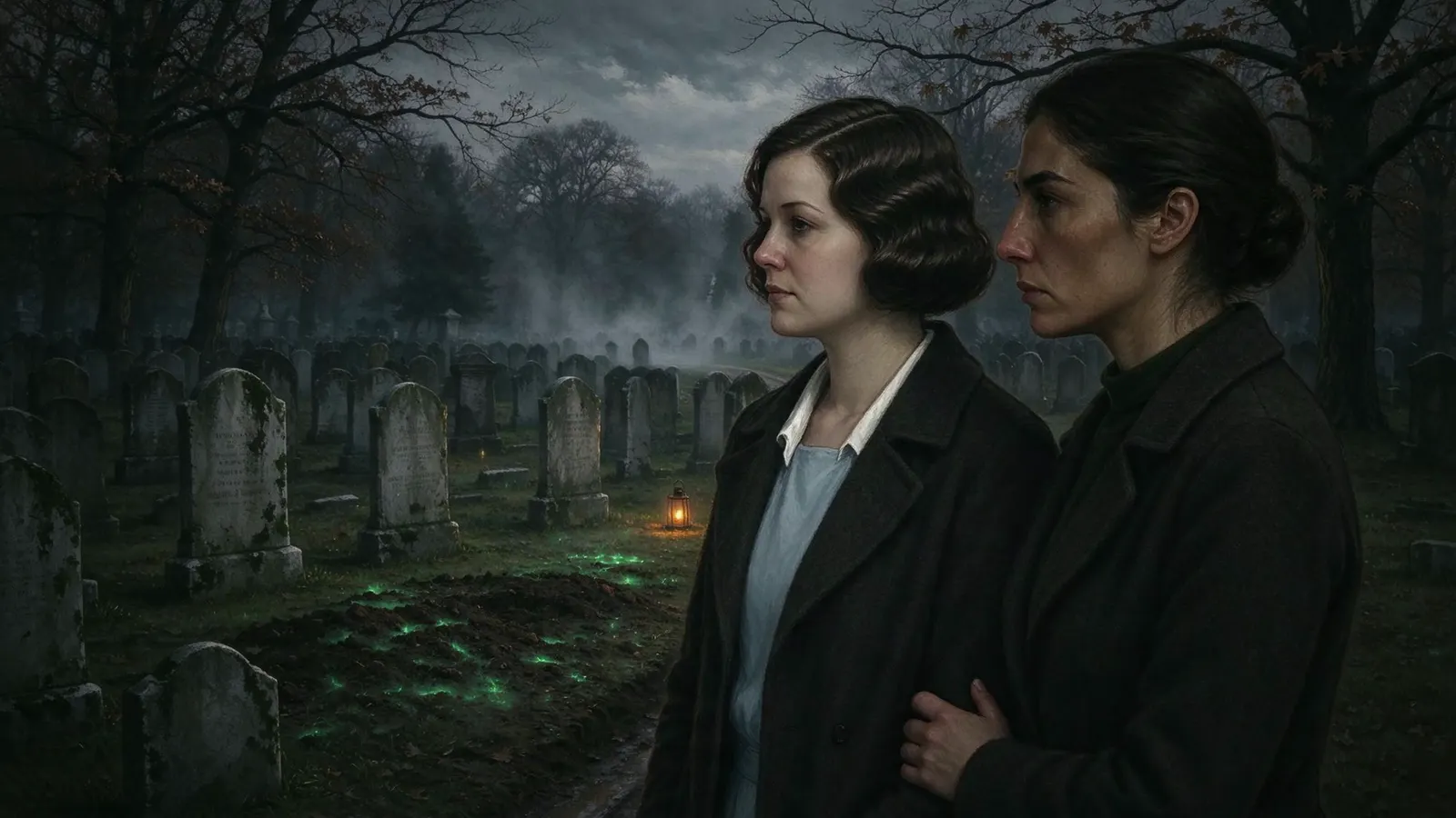 Two women in dark coats at a misty cemetery